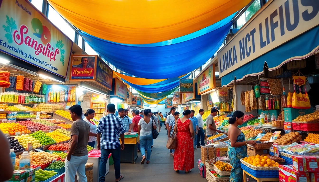 Lanka Ad showcasing vibrant Sri Lankan marketplace with colorful stalls and engaged buyers.