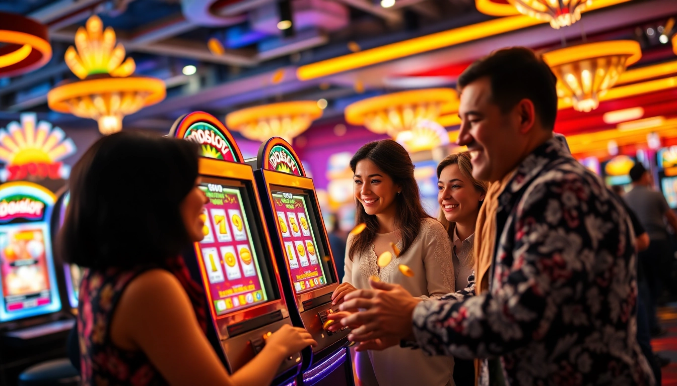 Excited players enjoying the doaslot slot machine with vibrant casino ambiance.