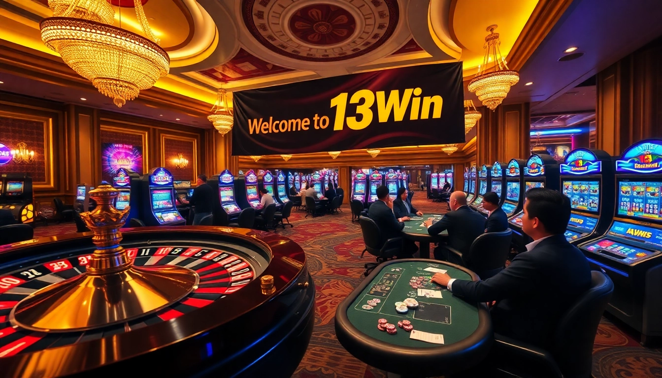 Gambling excitement at 13Win casino with players, poker chips, and roulette wheel.