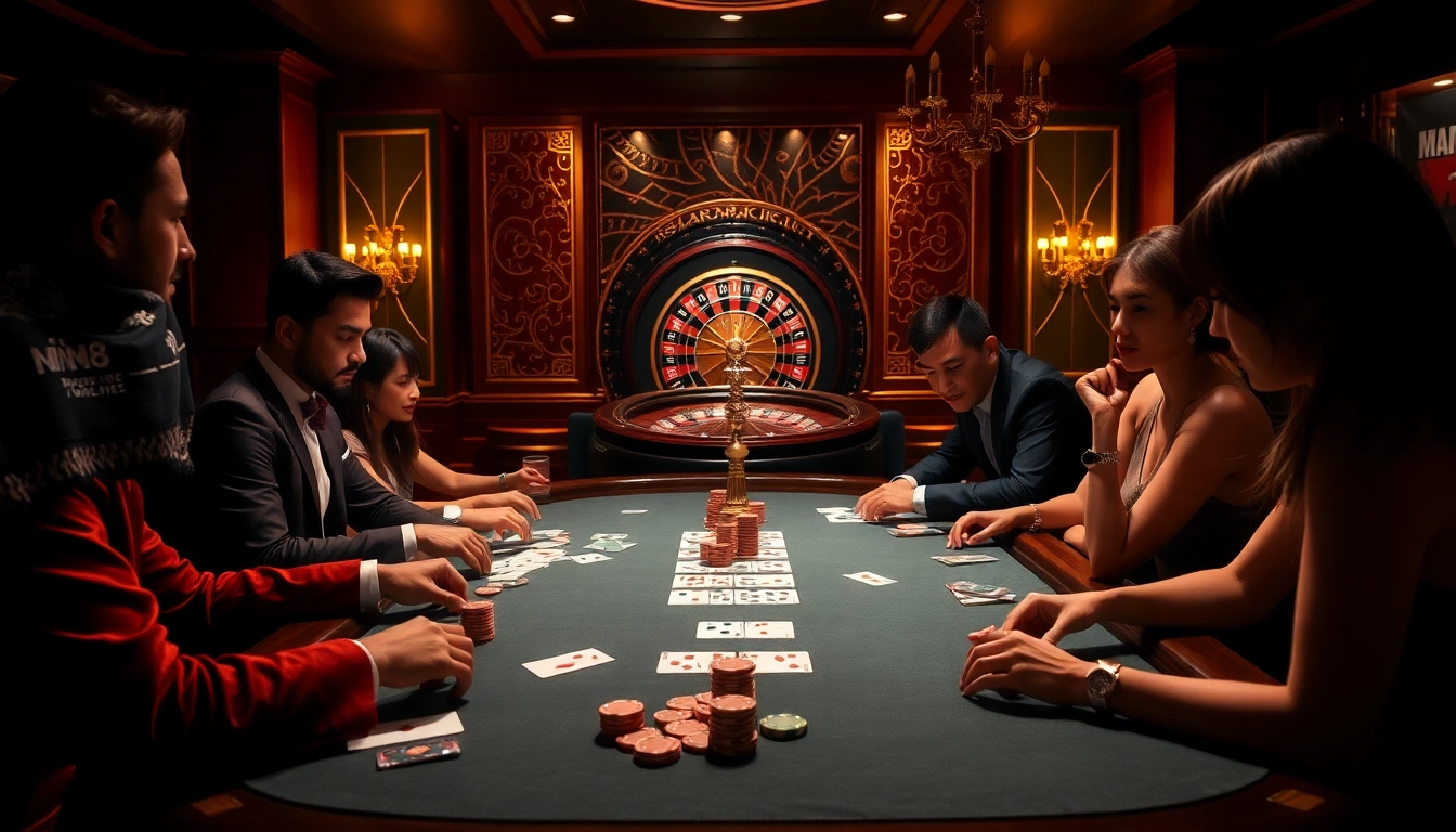 Experience the excitement at https://mm88.forex/ with players engaging in a thrilling poker game amidst luxury.