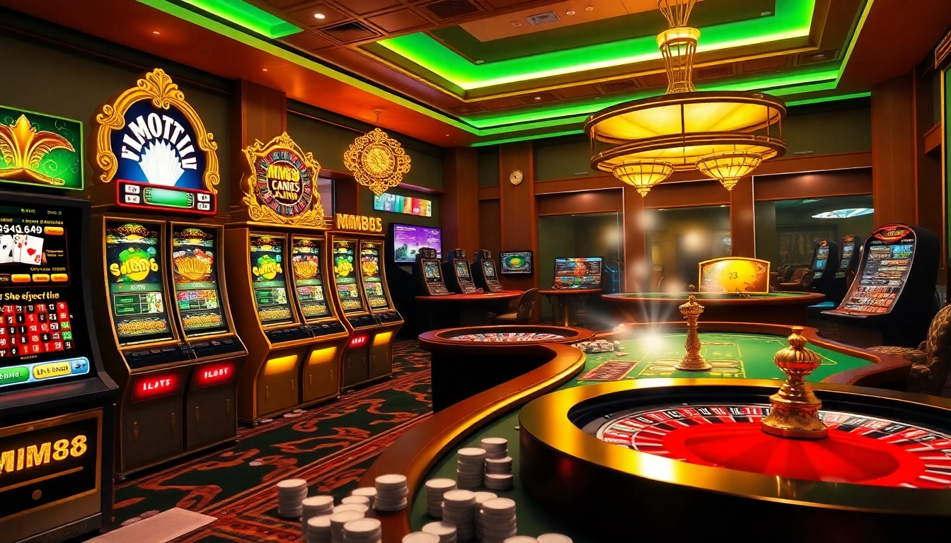 Experience the excitement of MM88 with vibrant gaming visuals featuring slot machines and poker tables.