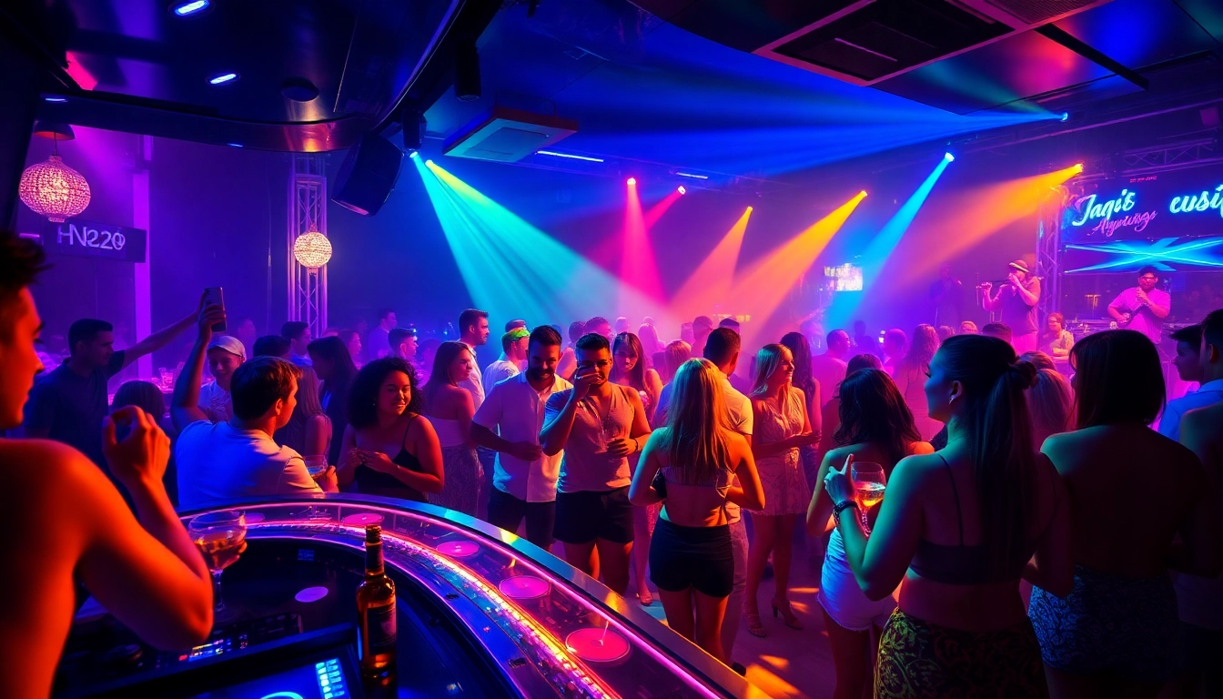 Night club sxm scene with dancers, DJs, and cocktails, showcasing vibrant nightlife atmosphere.