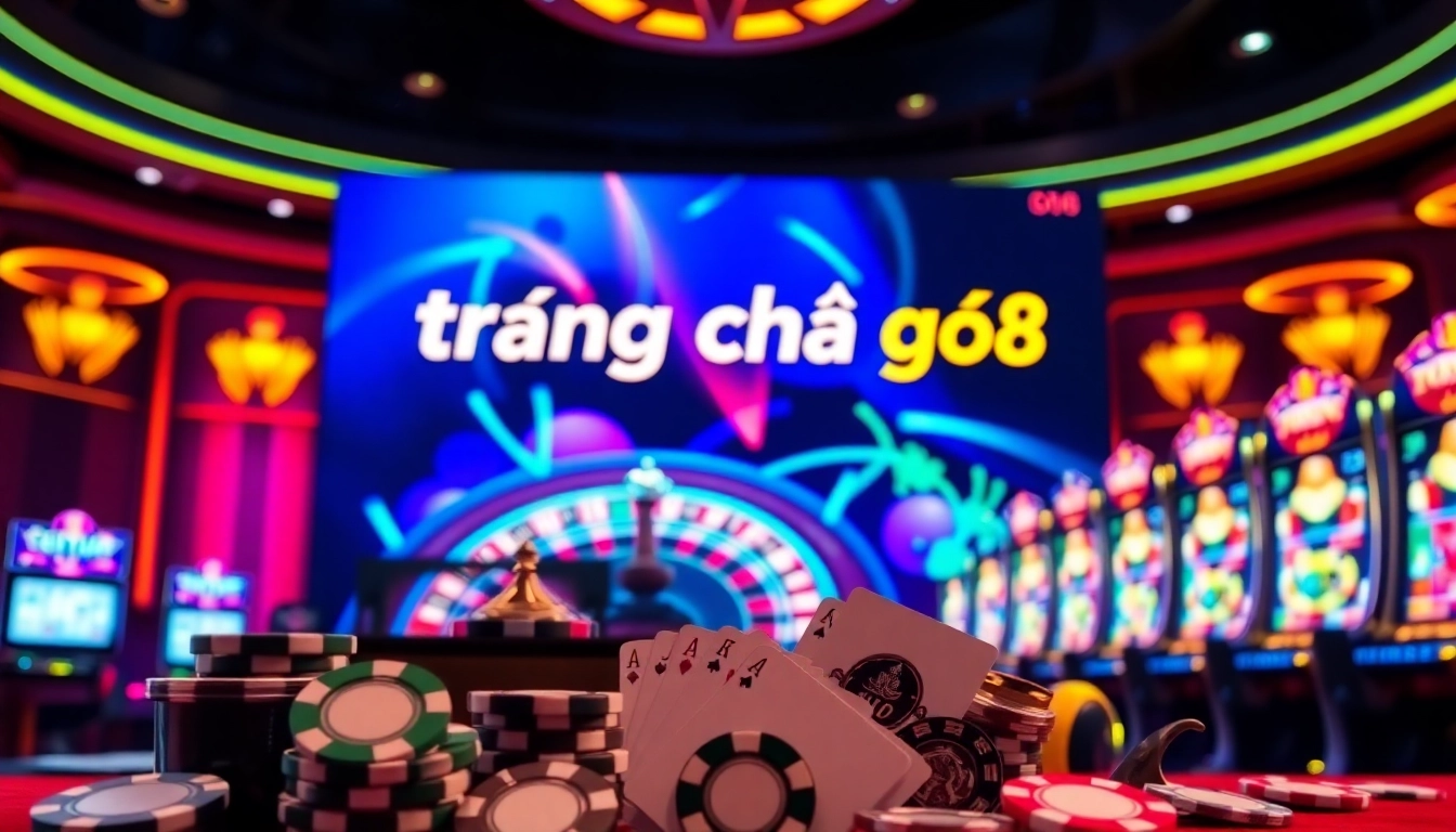 An engaging gaming experience with the trang chủ go8 sign displayed near a vibrant roulette wheel and poker chips.
