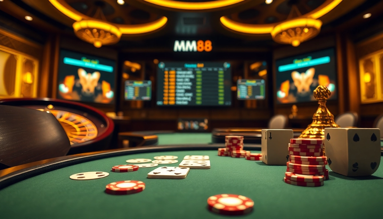 MM88 engaging gamblers at a luxurious poker table with vibrant chips and cards.
