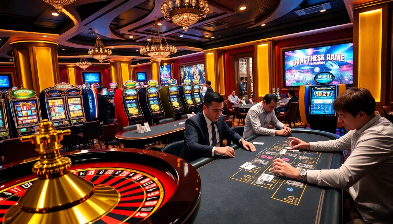 Players thrill at the casino tables in an exciting UU88 com gambling scene, showcasing poker, roulette, and slot machines.