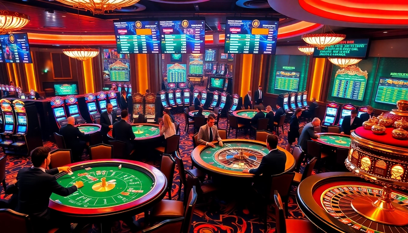 Exciting gambling scene at Trang chủ 32Win with poker tables and vibrant slot machines.
