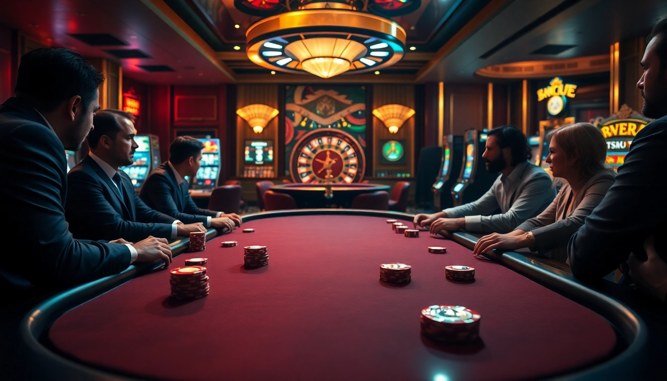 Engaging poker players and a spinning roulette wheel at urr88.com casino, showcasing a vibrant gaming atmosphere.