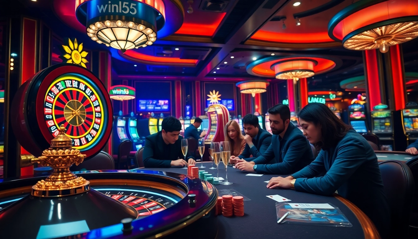 Experience the excitement of win55 as players engage with vibrant slot machines and a glamorous roulette wheel.