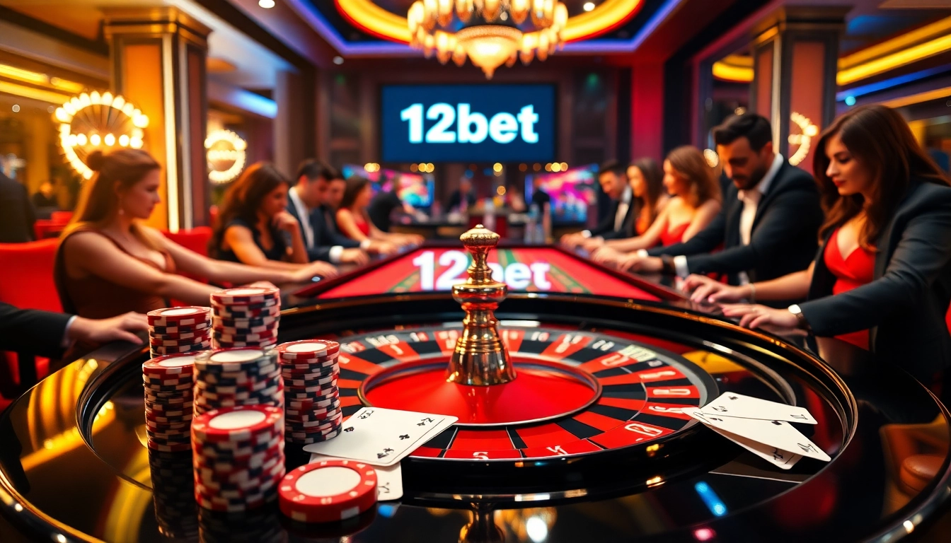 Engaging casino scene with players and 12bet branding, showcasing excitement in gambling.