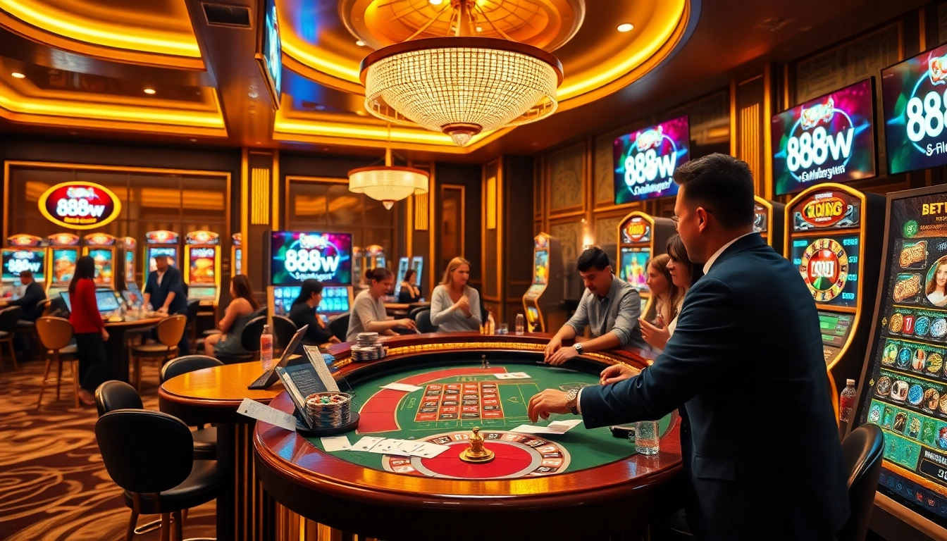 Players enjoying poker and roulette at 88vv online casino platform, showcasing excitement and luxury.