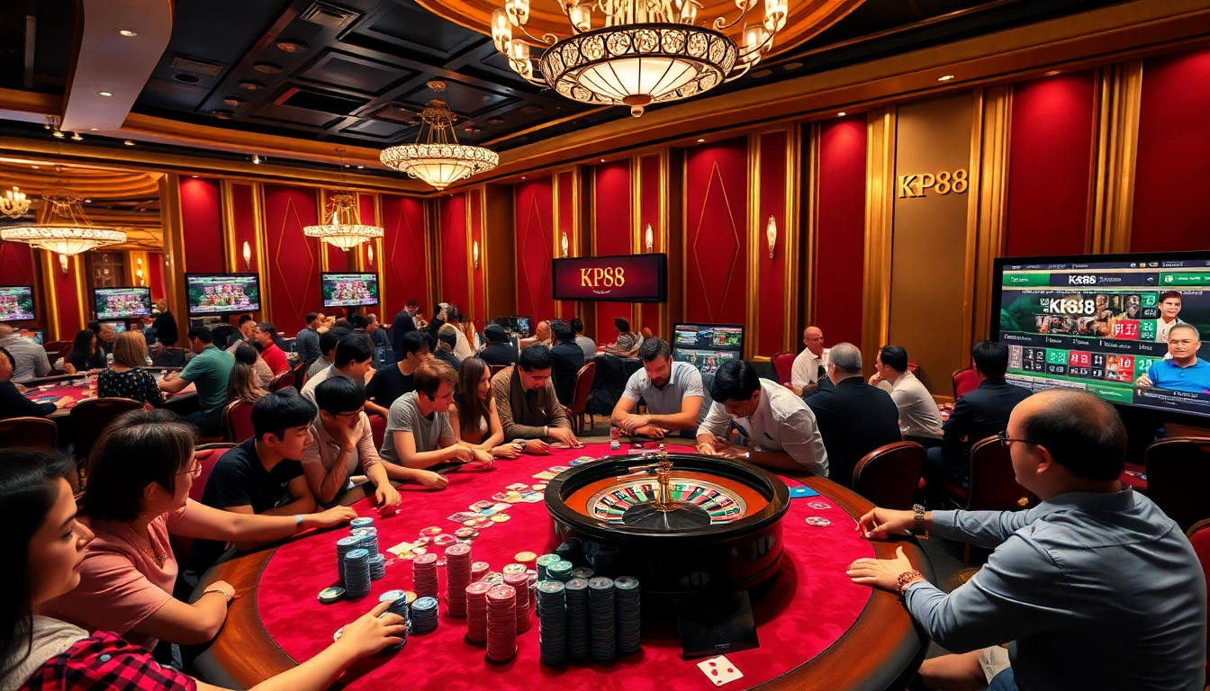 Action-packed scene at nhà cái kp88 poker table with colorful chips and excited players.