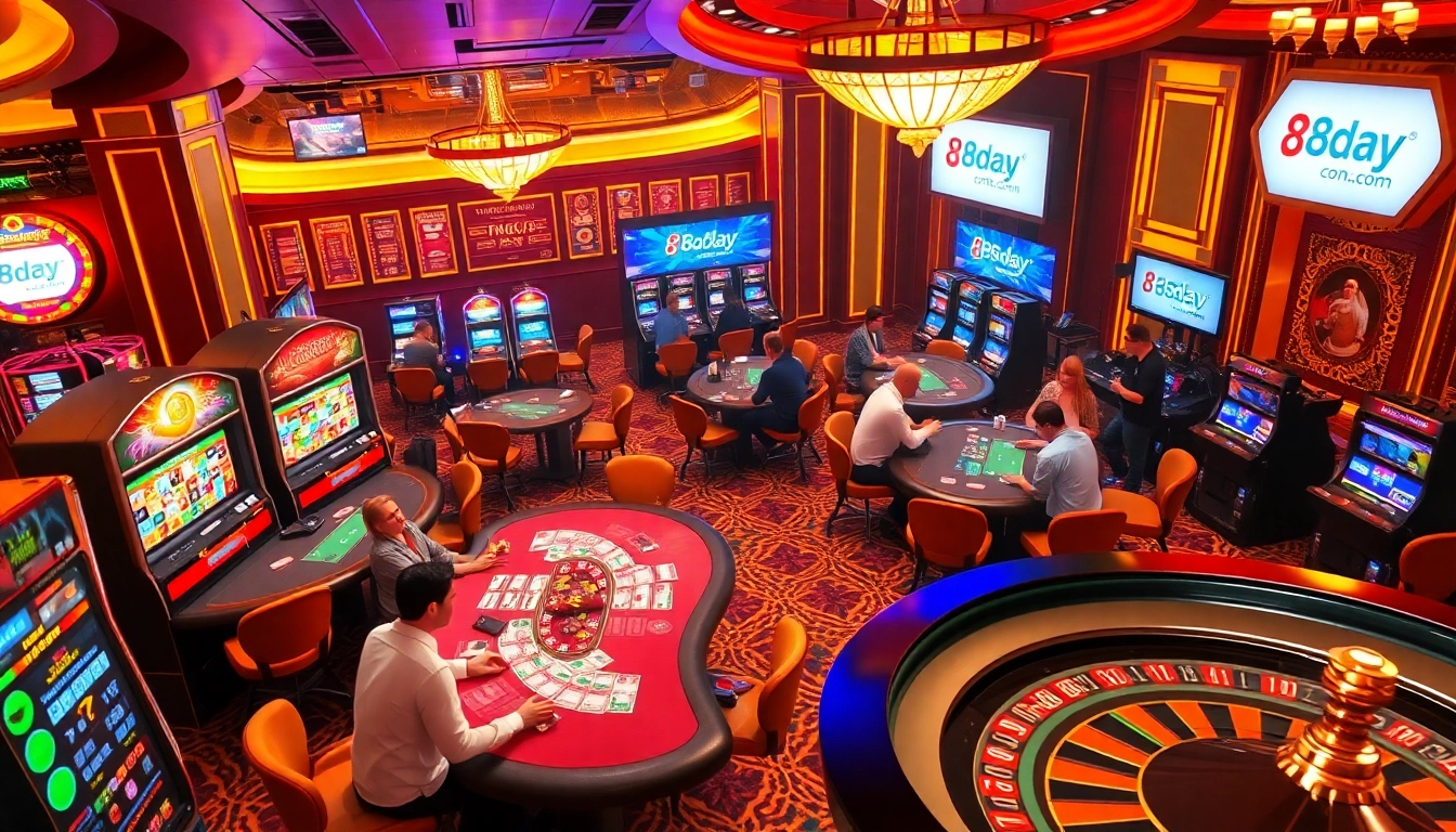 Engage with thrilling games at 8day.cn.com, featuring vibrant slot machines and poker scenes.