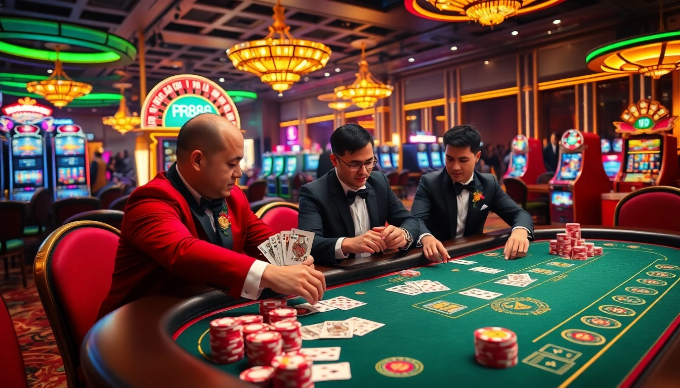RR88 casino players strategizing at a poker table with vibrant chips and cards.