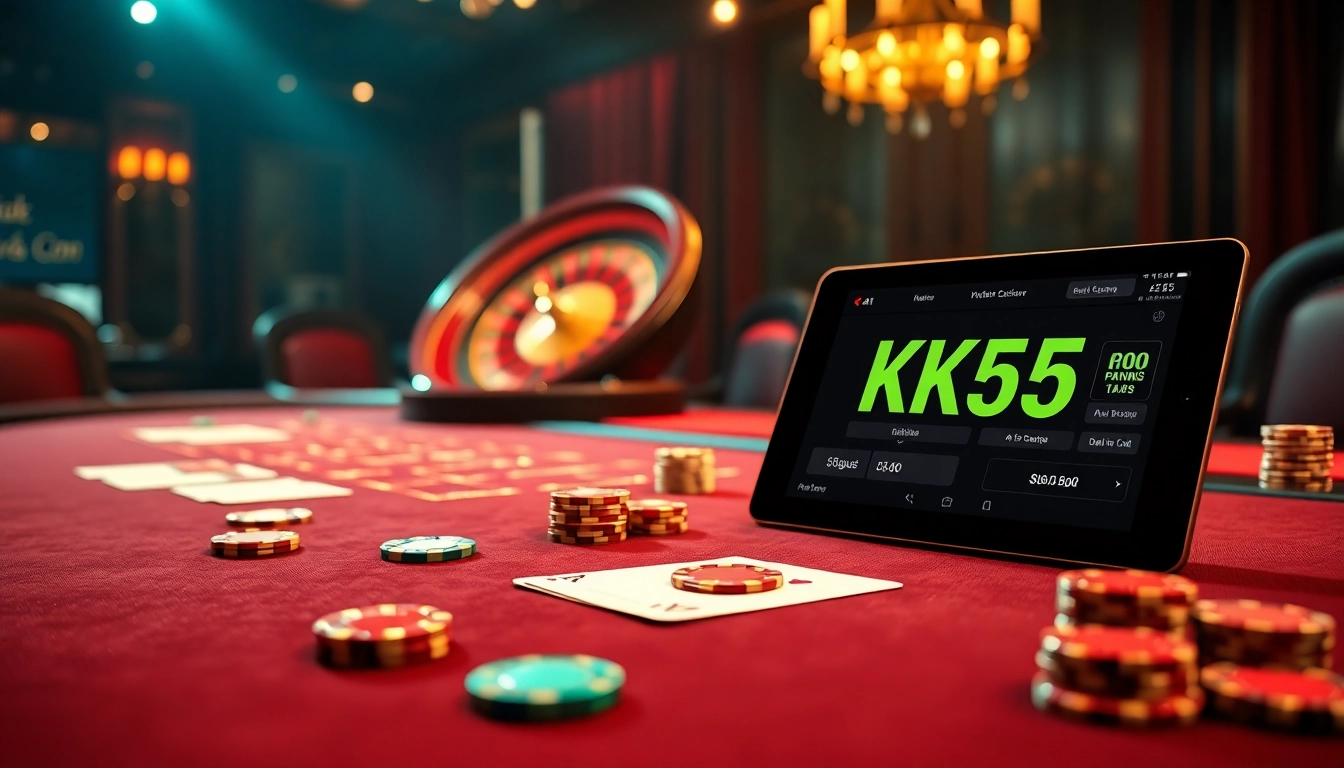 Engaging scene of gambling excitement featuring KK55 poker chips and a roulette wheel.