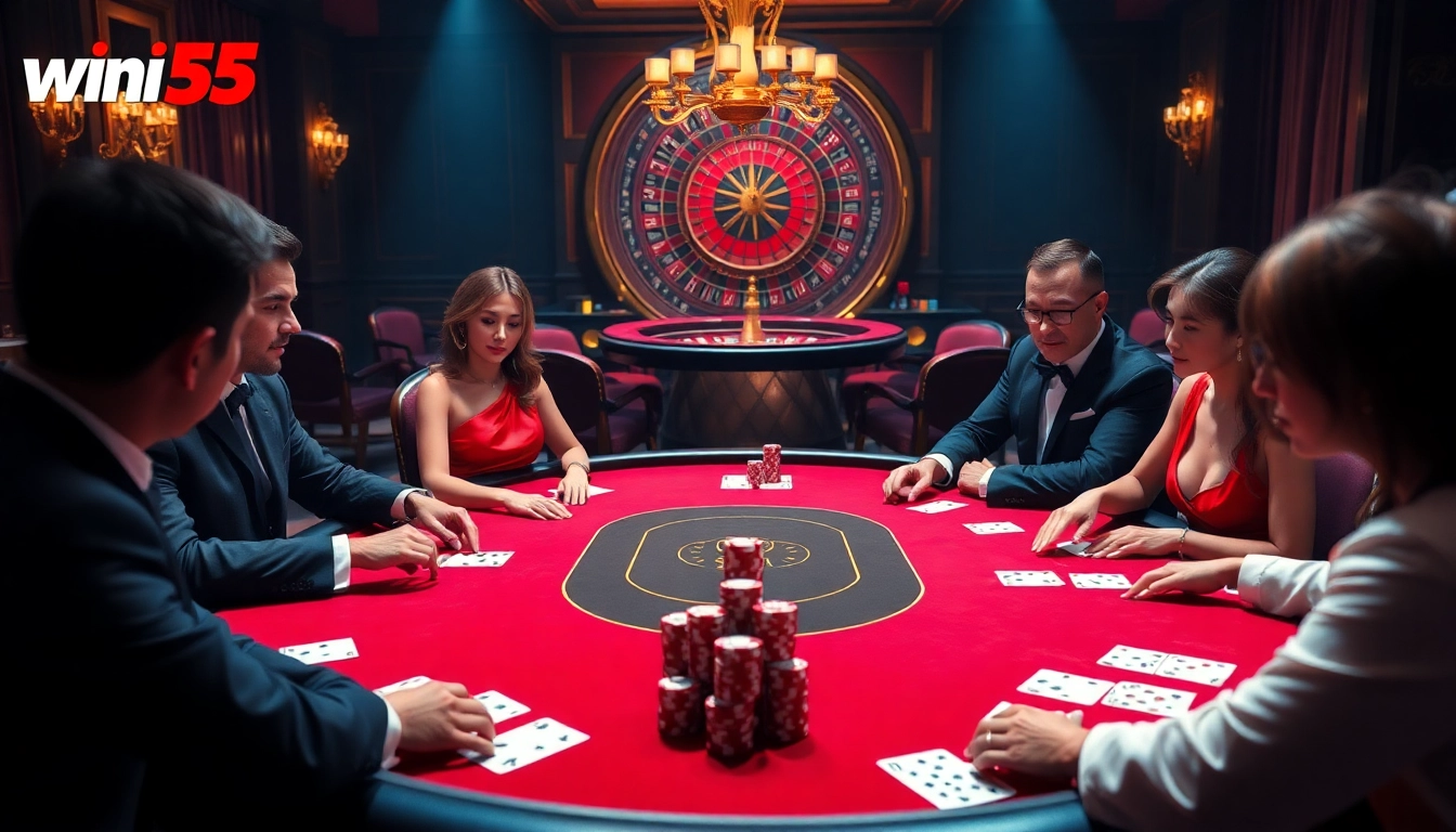 Experience high-stakes poker at Nhà cái win55, with vibrant chips and cards highlighting casino excitement.