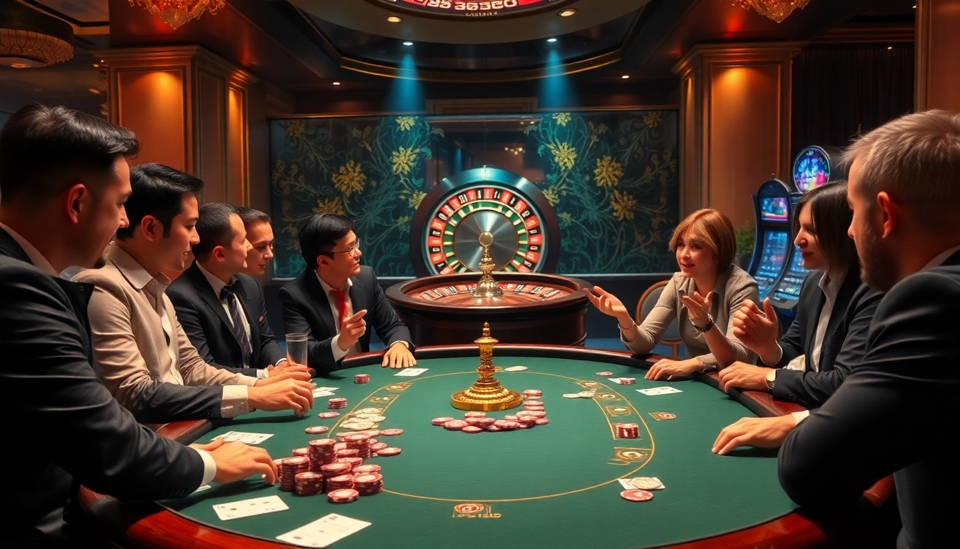 Players engaging in high-stakes poker at pg88 casino, surrounded by vibrant gaming elements.