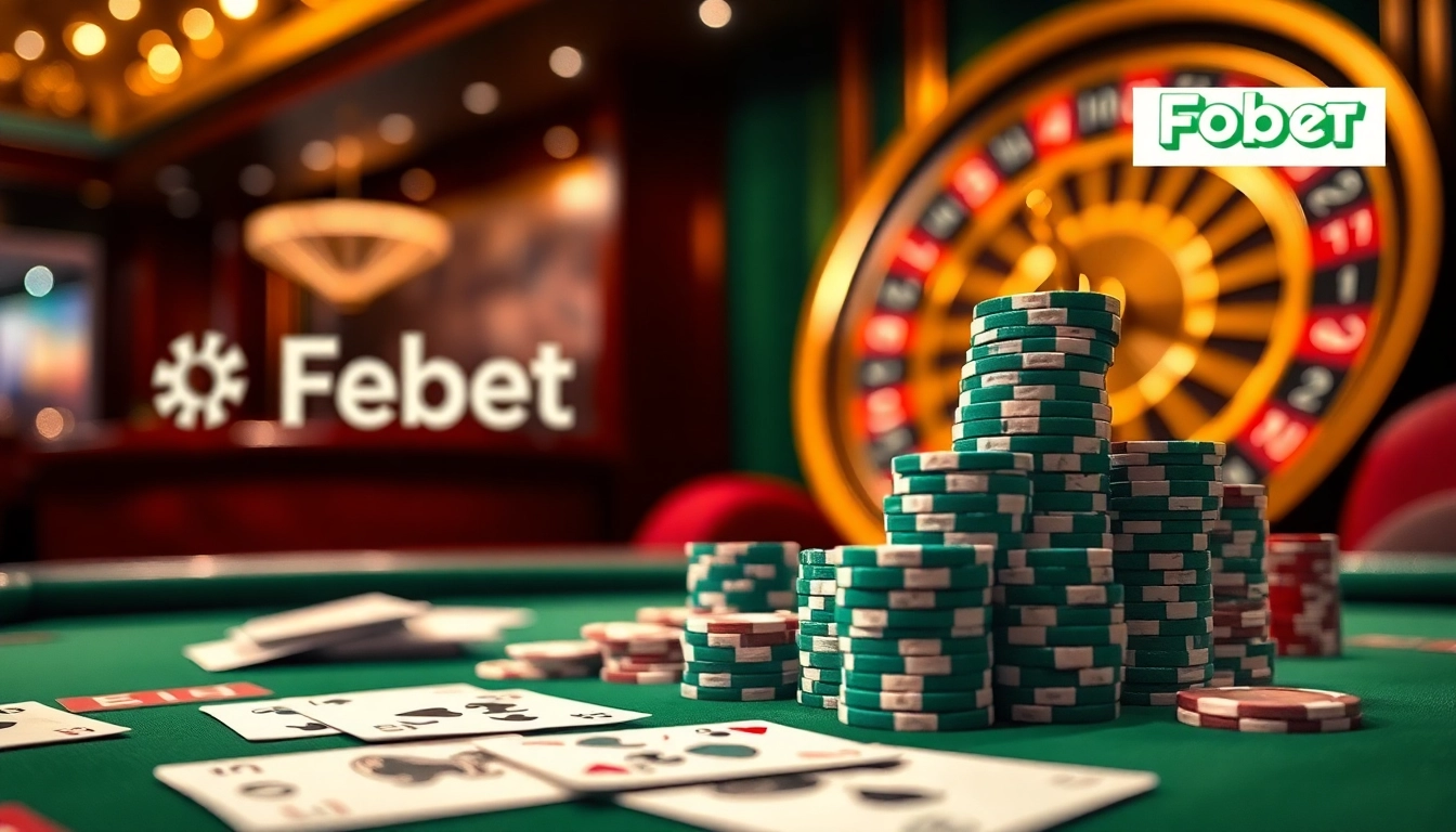 Febet casino scene showcasing luxurious poker table with chips and cards in an exciting ambiance.