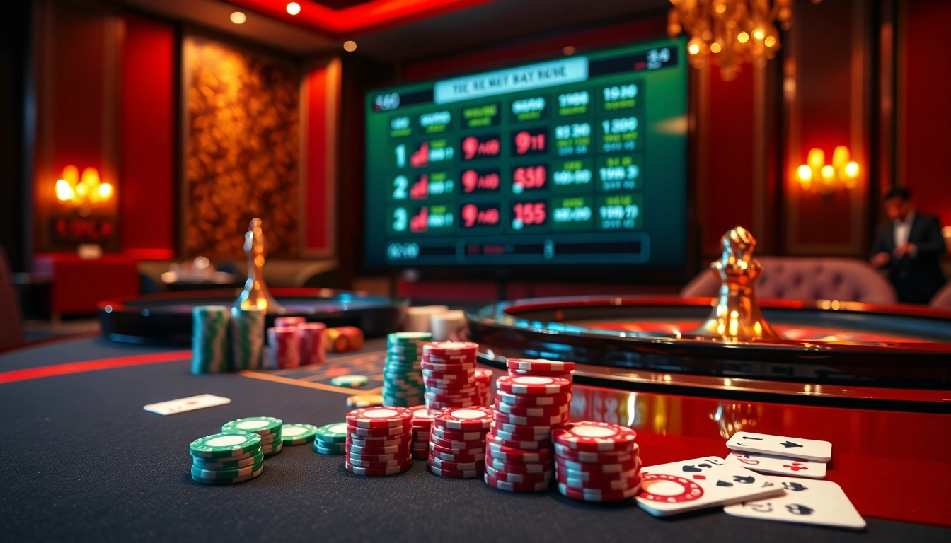 Dynamic gameplay at nhà cái dh88 with poker chips, cards, and a roulette wheel highlighting an online casino atmosphere.