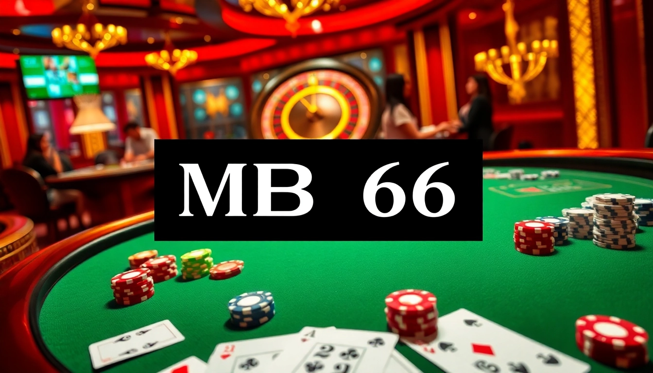 Experience the thrill of gambling at MB 66, featuring vibrant poker chips and a dazzling roulette wheel.