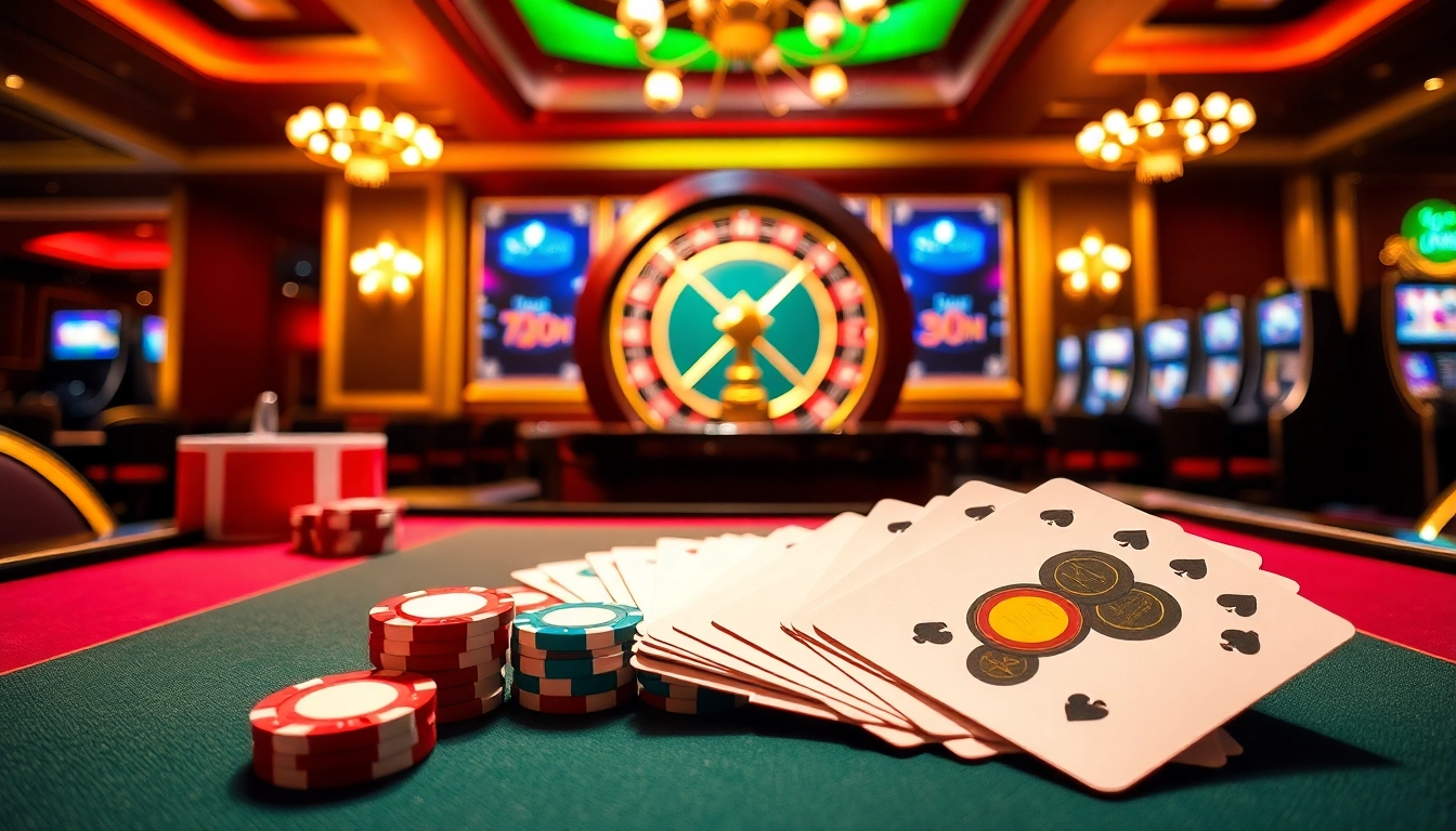Experience excitement at 32win with vibrant poker tables and roulette wheels inviting players to bet.