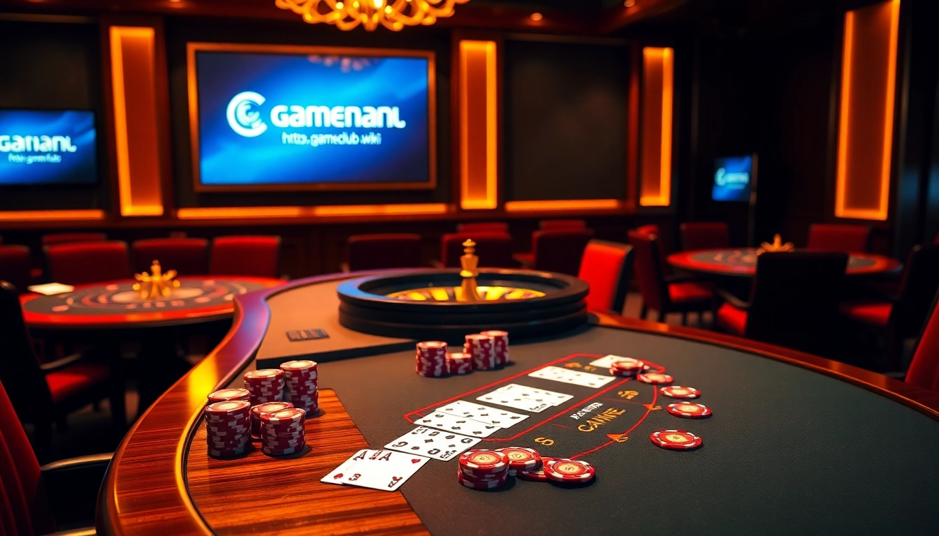 Engage in thrilling poker action at https://gamemanclub.wiki, showcasing cards and chips in a sophisticated casino.