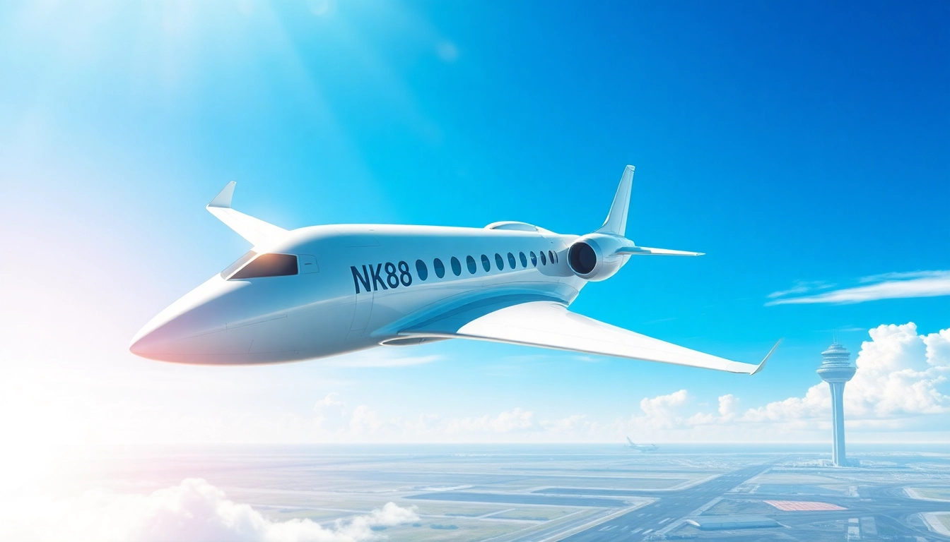 Futuristic NK88 aircraft soaring through a clear blue sky against an airport backdrop.