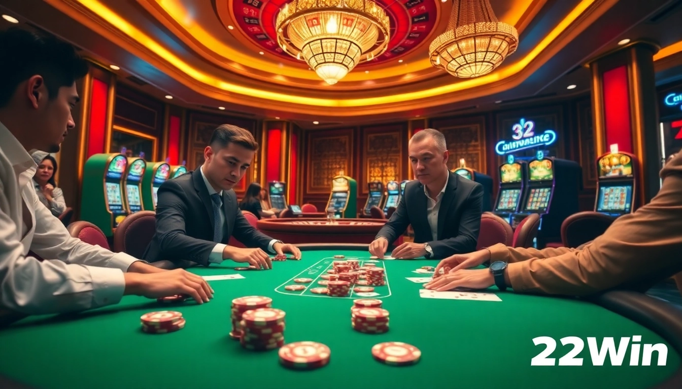 32Win poker players engage in high-stakes action at a glamorous casino table.