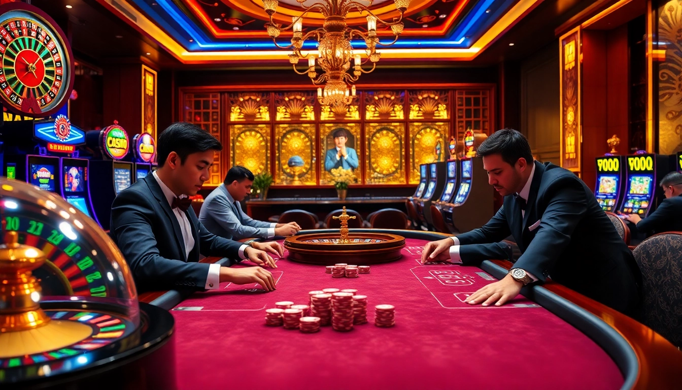 Exciting gambling scene at OKWIN casino with poker players and slot machines.