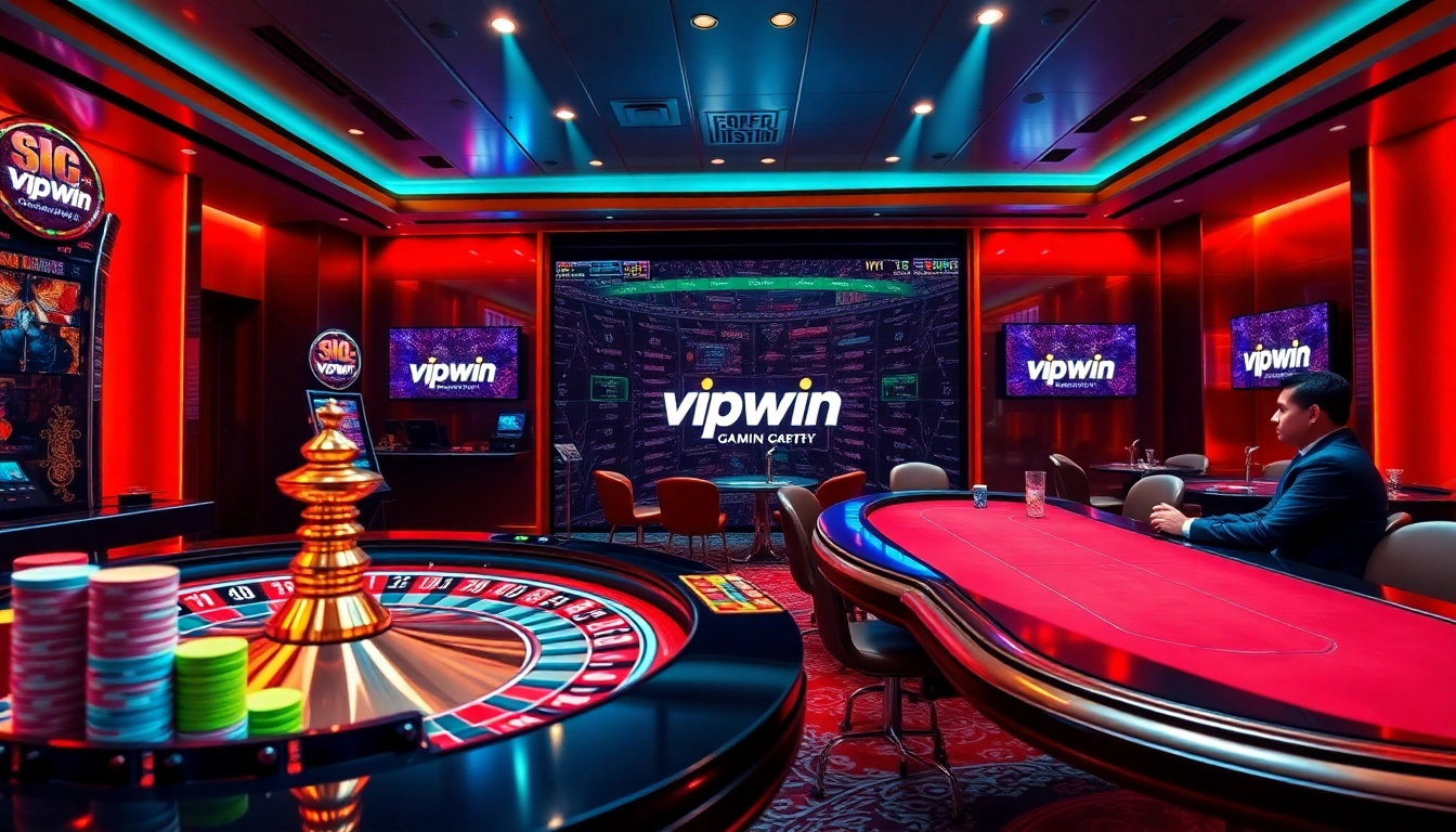 Experience luxury gaming with vipwin at an upscale casino scene featuring roulette and poker tables.