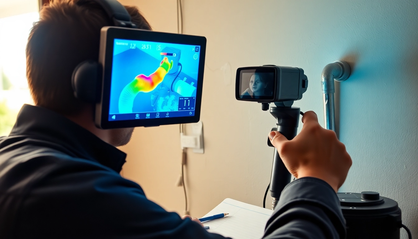 Leak detection technician using thermal imaging equipment in a home.
