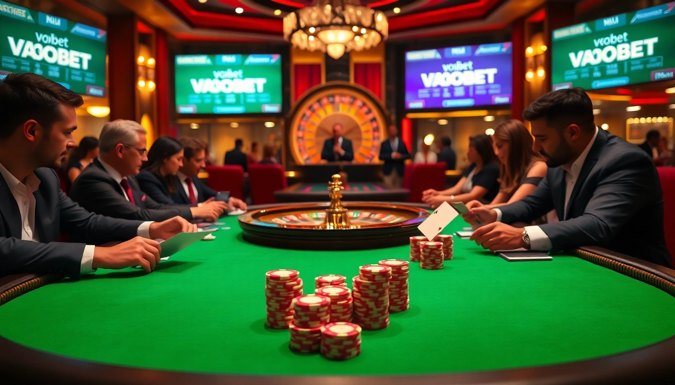 Players strategizing at a poker table in an upscale casino environment for vaobet.
