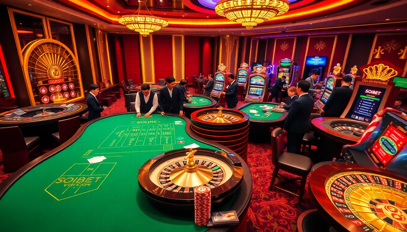 Experience thrilling games at https://soibet.vision/ with luxurious casino scenes featuring engaging poker and vibrant slot machines.