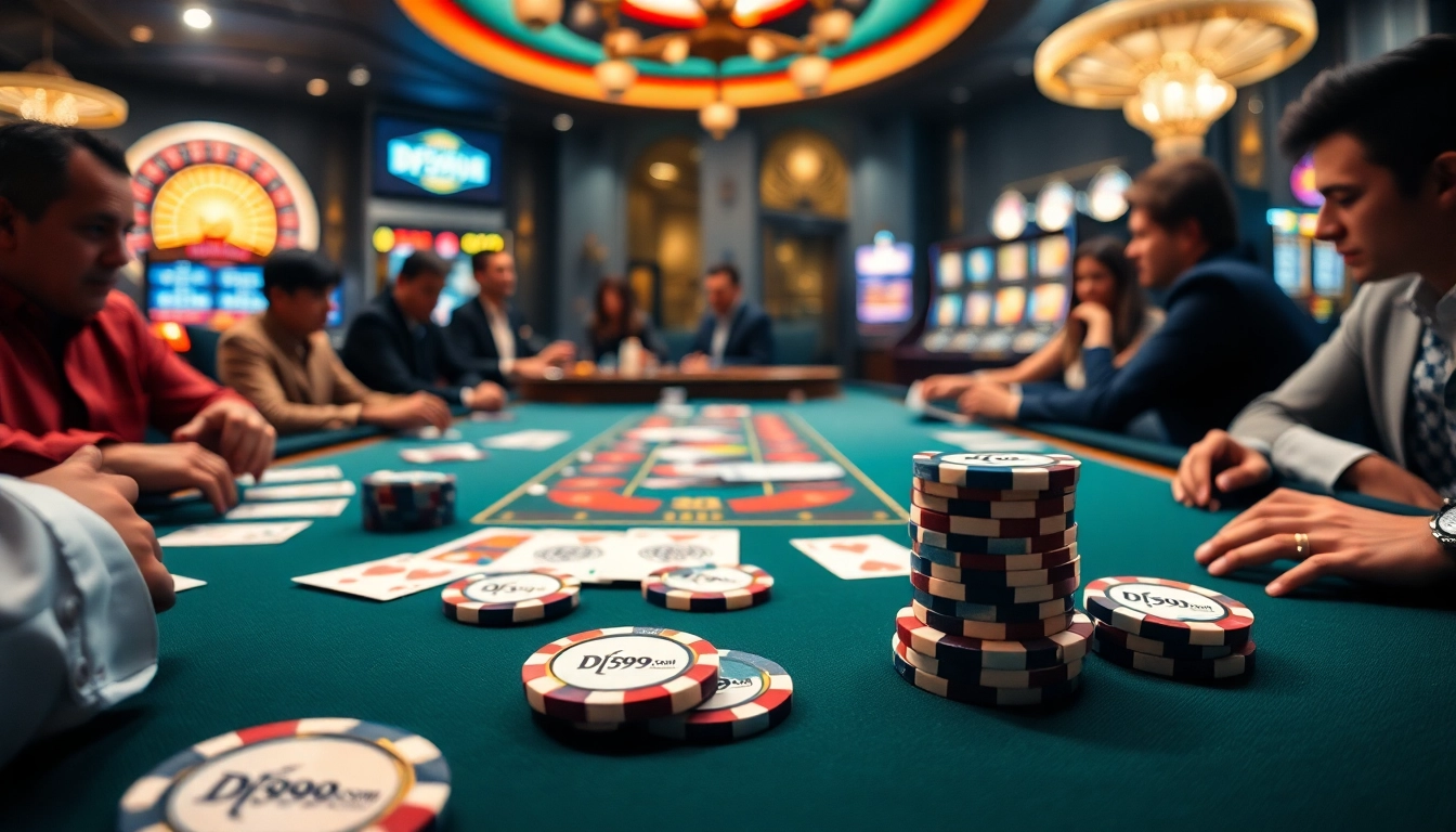 Engage in thrilling gameplay with DF999.com at an elegant poker table surrounded by excitement.