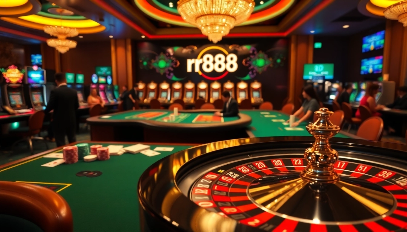 Experience the allure of rr888 with dynamic casino visuals featuring poker tables and roulette wheels.