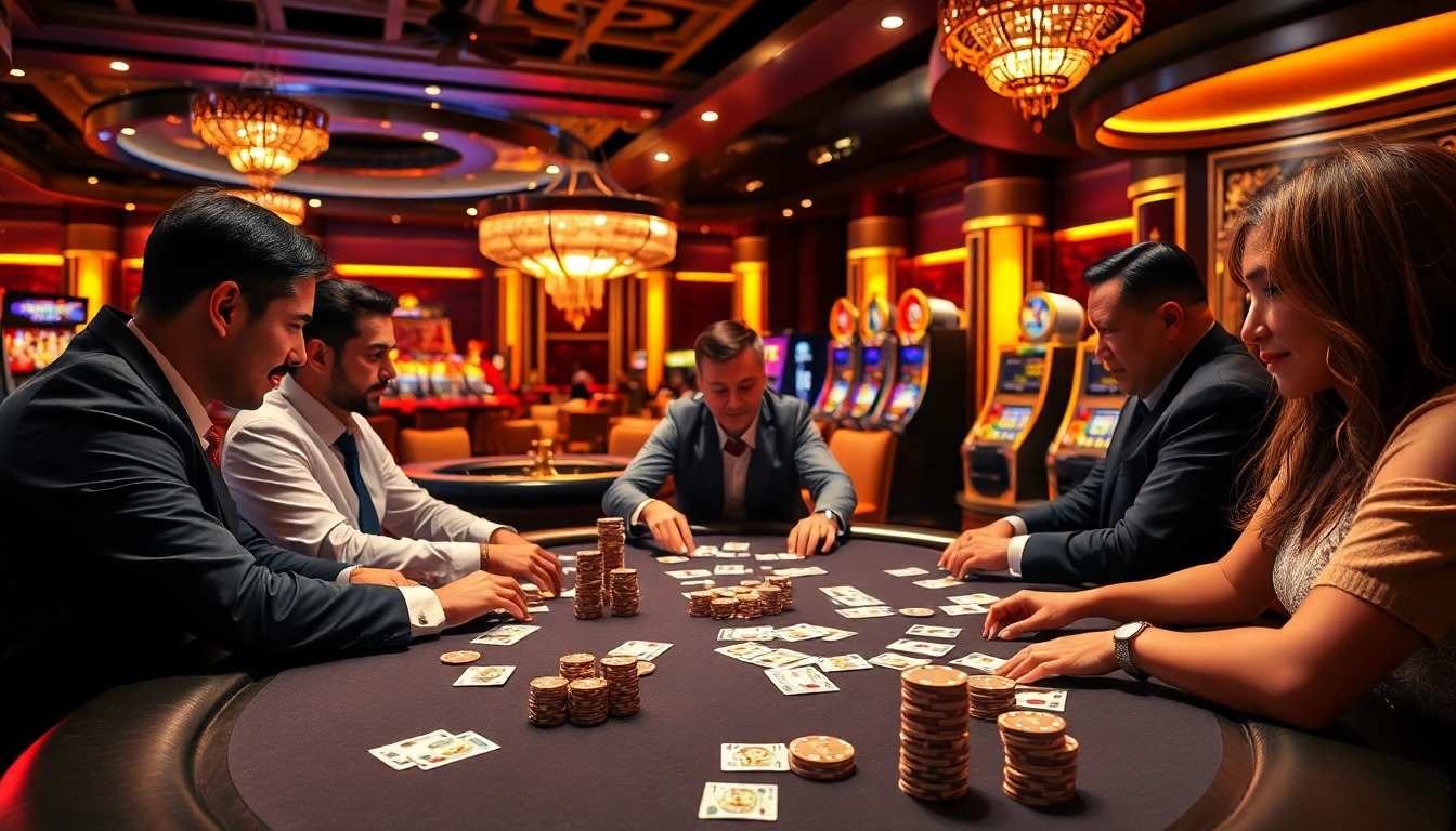 Gamblers playing high-stakes poker at gamebaidoithuong.trading, surrounded by casino elements.