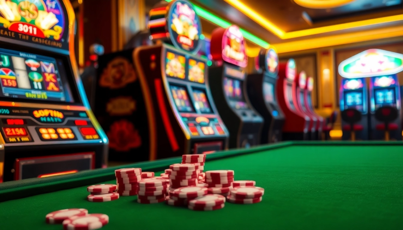 Engaging players with nổ hũ gameplay at a luxurious casino setting, showcasing vibrant slot machines.