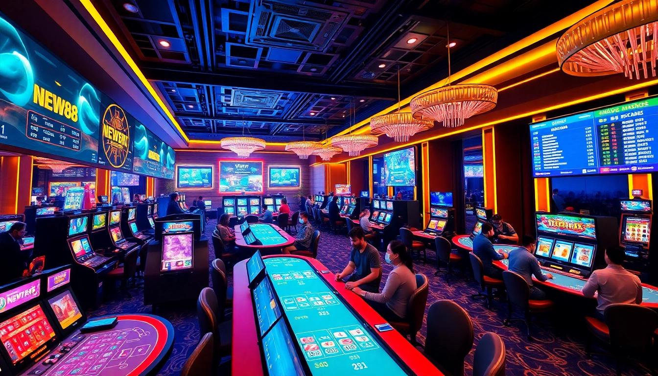 Experience the exhilarating atmosphere of NEW88, the top online gaming platform, showcasing diverse betting options in a vibrant digital casino.