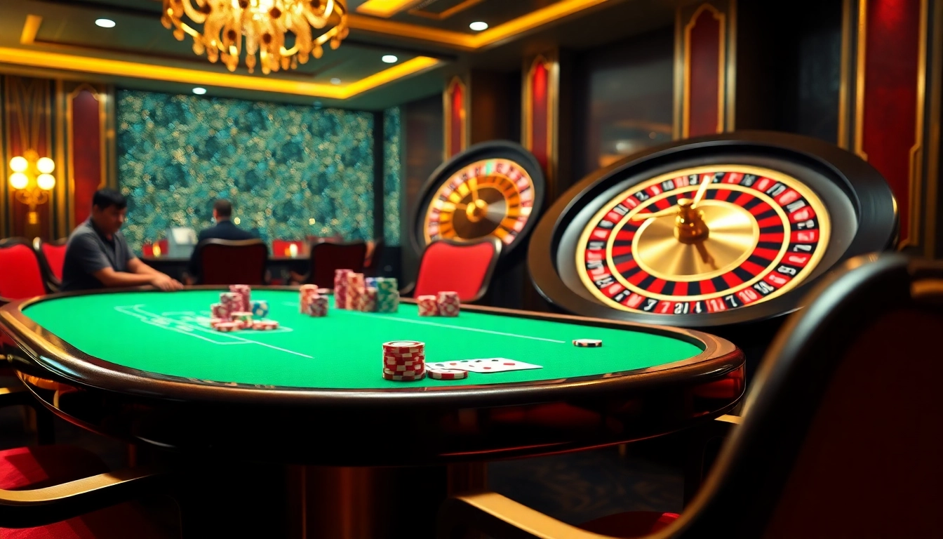 Engaging scene featuring players at a poker table on https://rr88a.us.com/ with vibrant chips and roulette wheel.
