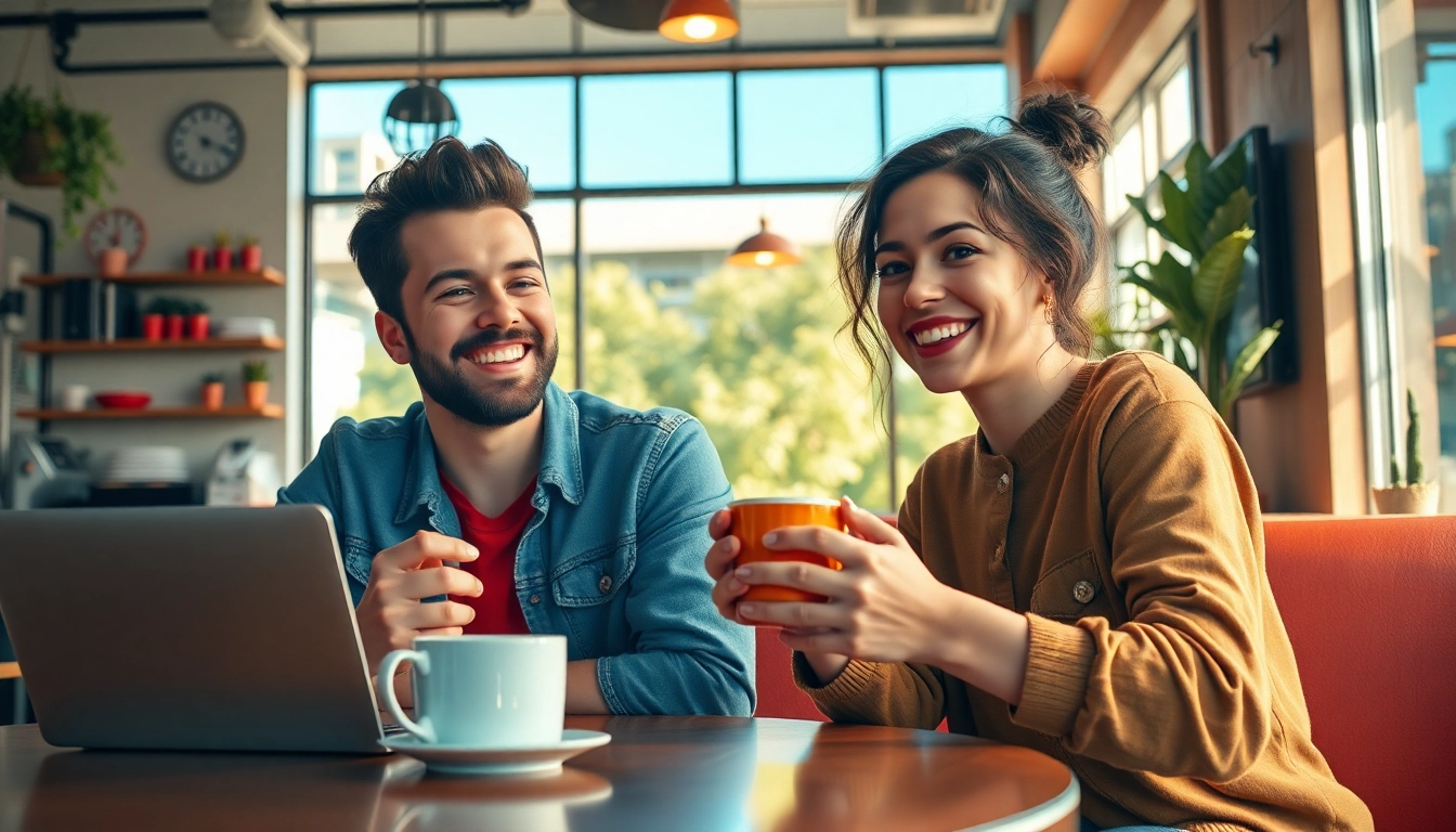 Couple enjoying a fun date at a coffee shop, representing the community spirit of OKFUN.COM.