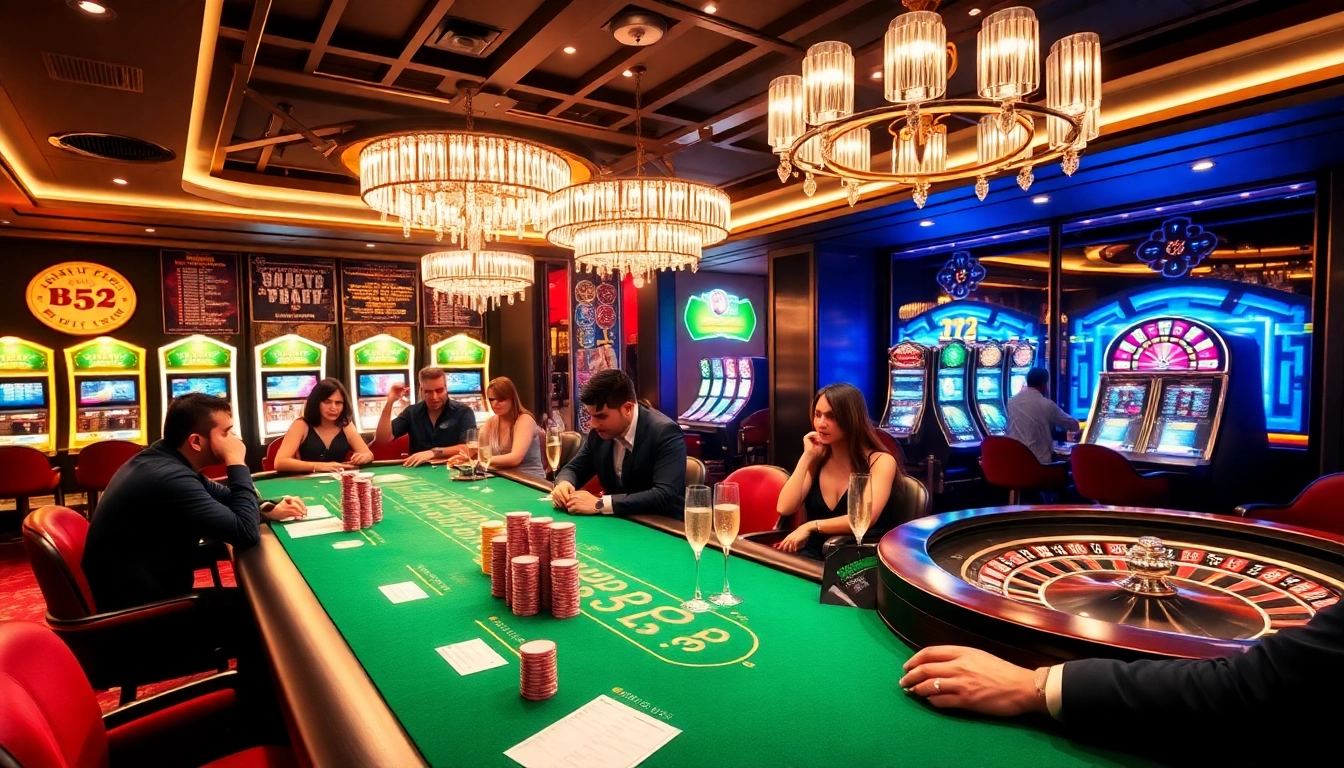 B52club gaming experience with vibrant poker tables, colorful chips, and enthusiastic players.