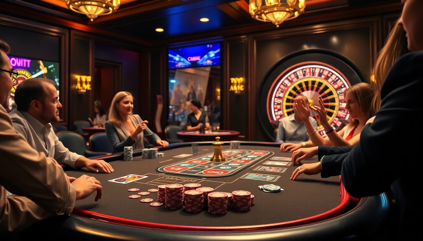 Players enjoying an exciting game at KK55's luxurious casino table with vibrant poker chips.