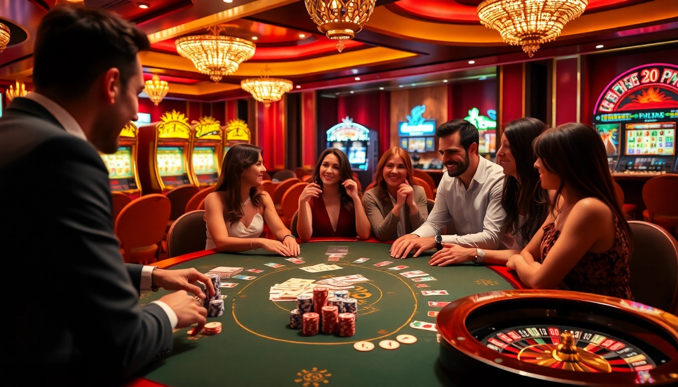 Exciting casino scene with players and luxury elements showcasing xin 88 casino thrills.