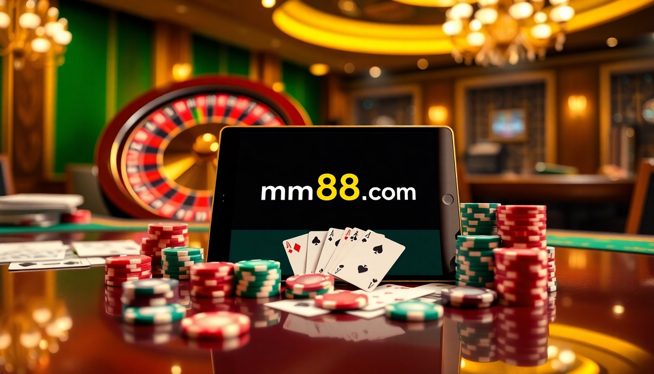 Engage with thrilling gameplay at mm88.com with poker cards and chips at a luxury casino table.
