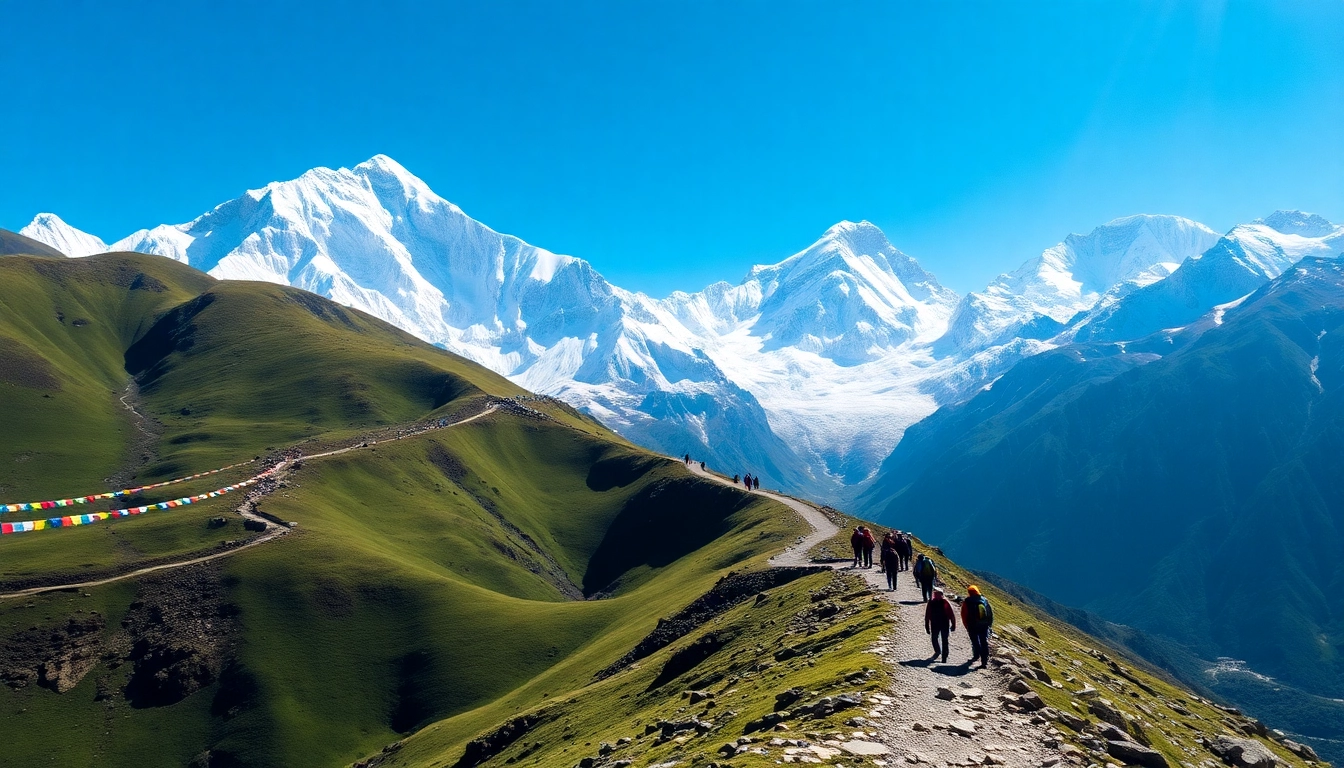 Adventurers on the Mount Everest Base Camp trek with stunning Himalayas in the background