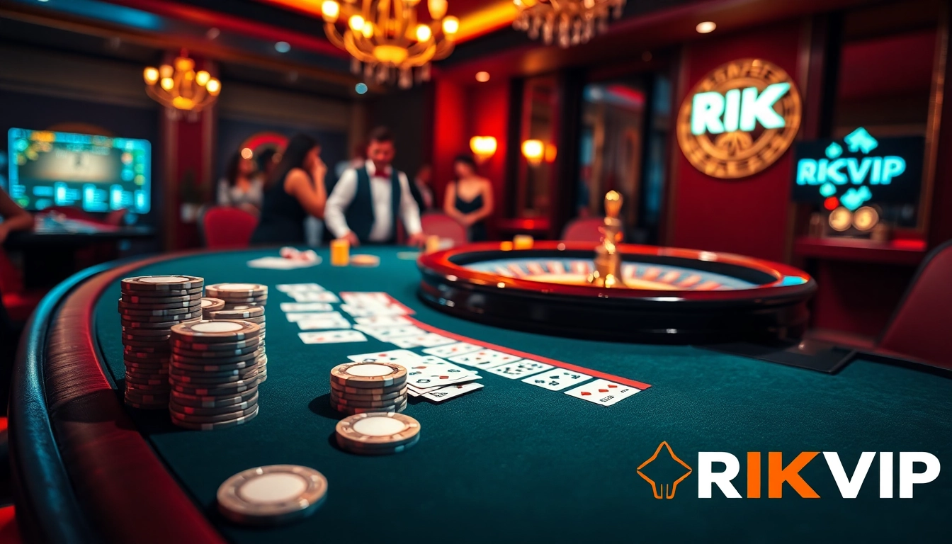 Players enjoying a high-stakes game at RIKVIP casino, featuring poker and roulette.