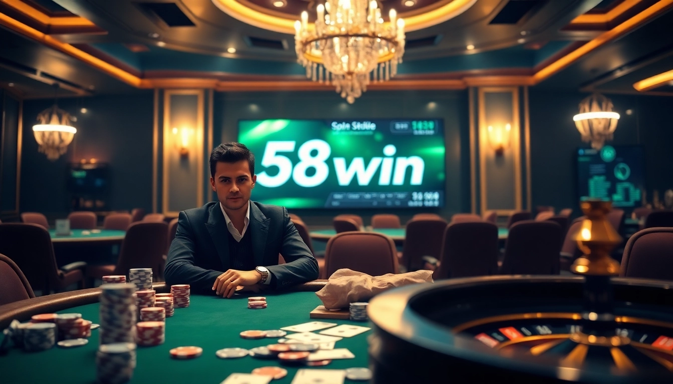 Players enjoying the thrilling action of 58win with poker chips and high-stakes cards.