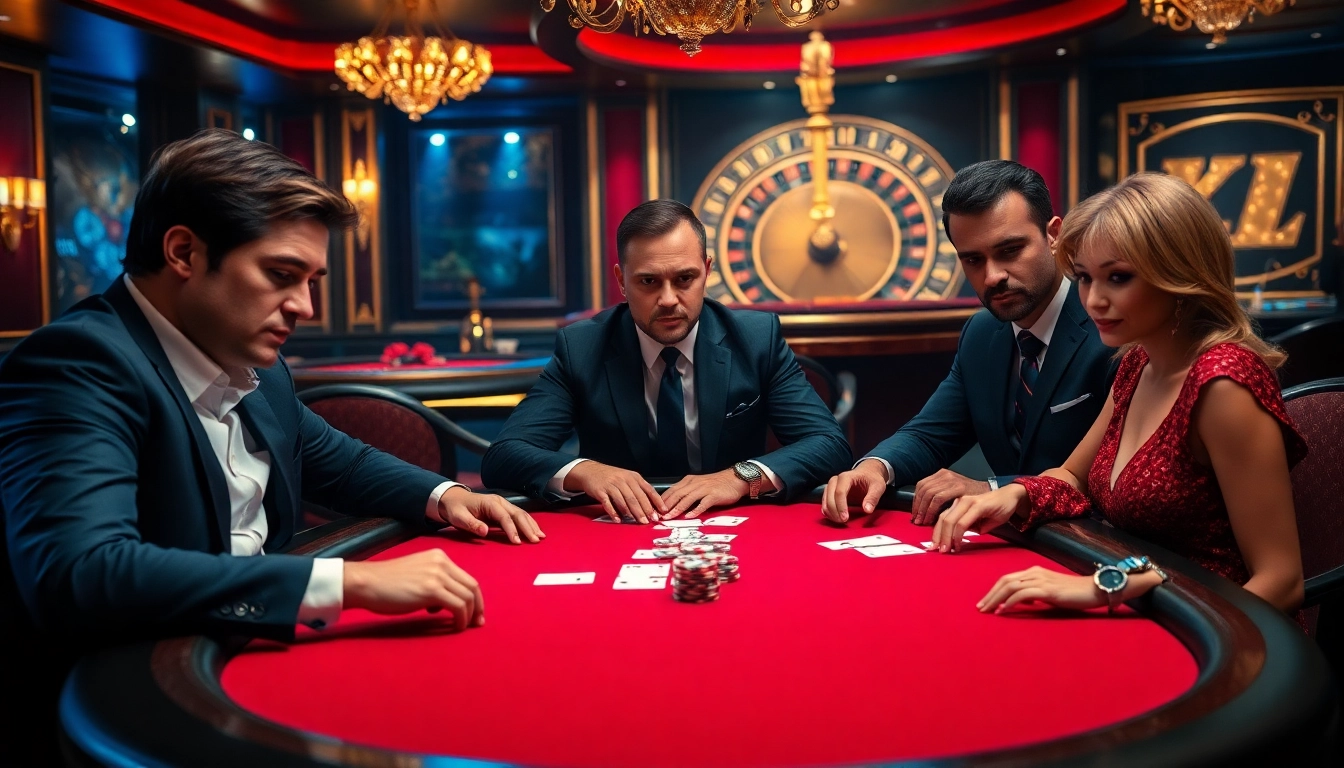 A thrilling poker game at KJC COM casino, showcasing luxurious ambiance and competitive atmosphere.