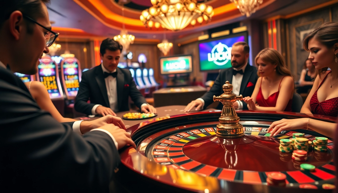 Người chơi tại bàn roulette ăn mừng chiến thắng tại LUCK8 Casino, giữa những đồng chip đa màu và bầu không khí sang trọng.