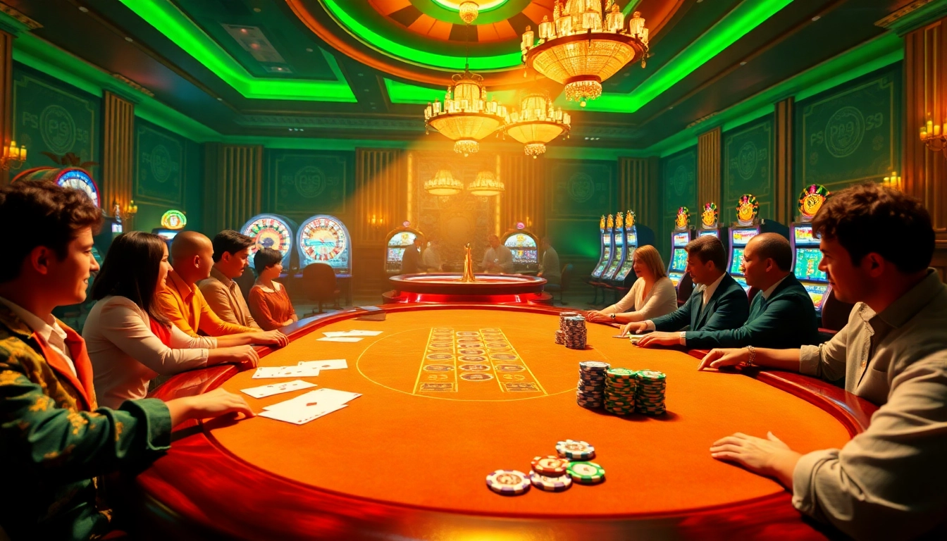 Exciting gaming action at PS99 casino with poker table and vibrant slot machines.