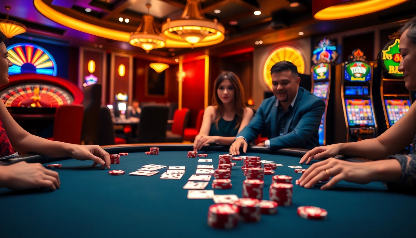 Experience the thrill of tg88 casino with vibrant poker tables, roulette wheels, and players in action.